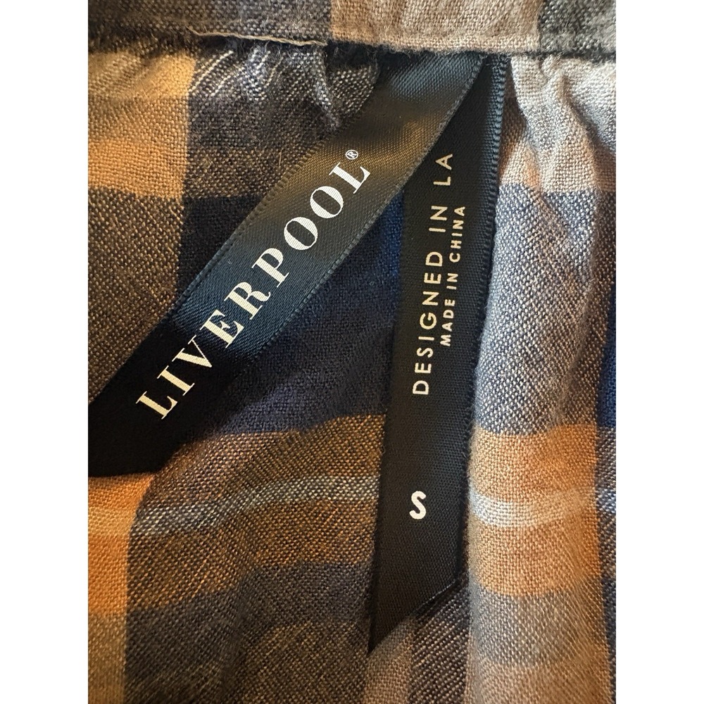 Liverpool Plaid Button Up Peasant Blouse Top Navy Blue Tan Tassel Tie S Small - Picture 6 of 9